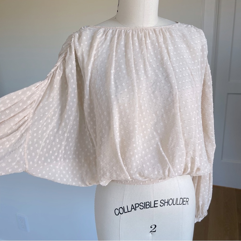 BCBGMaxAzaria open back, sheer textured dot top, waist & neck ties in back XXS